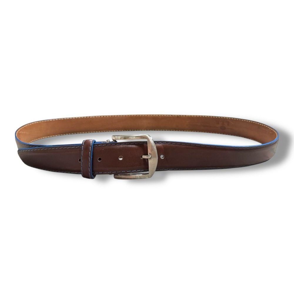 L.E.N. Brown French Calf Leather Belt with Silver Buckle Blue Stitching Men’s